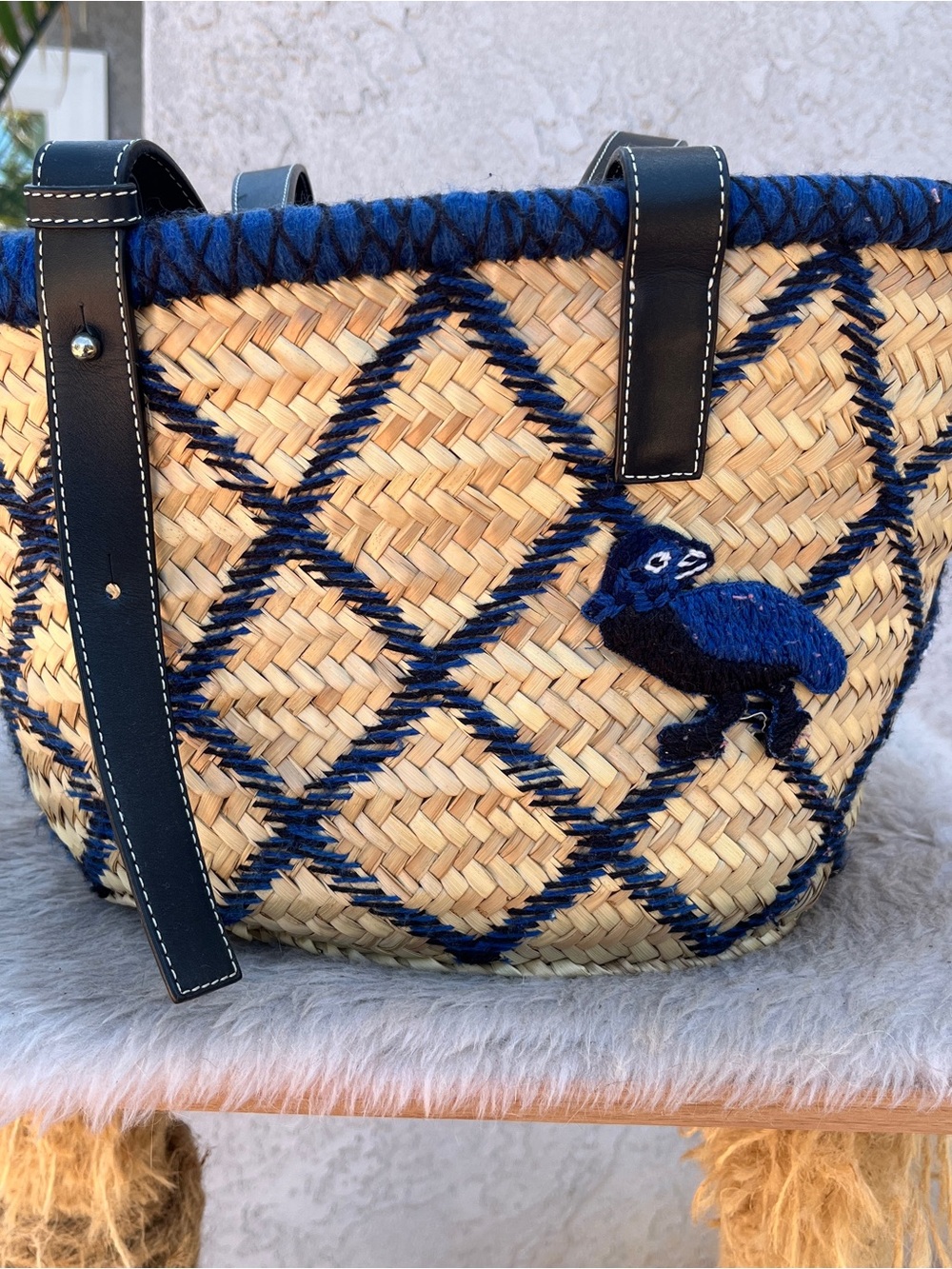 Loewe Natural Straw Tote with Blue Embroidery & Black Leather Trim - Picture 3 of 8